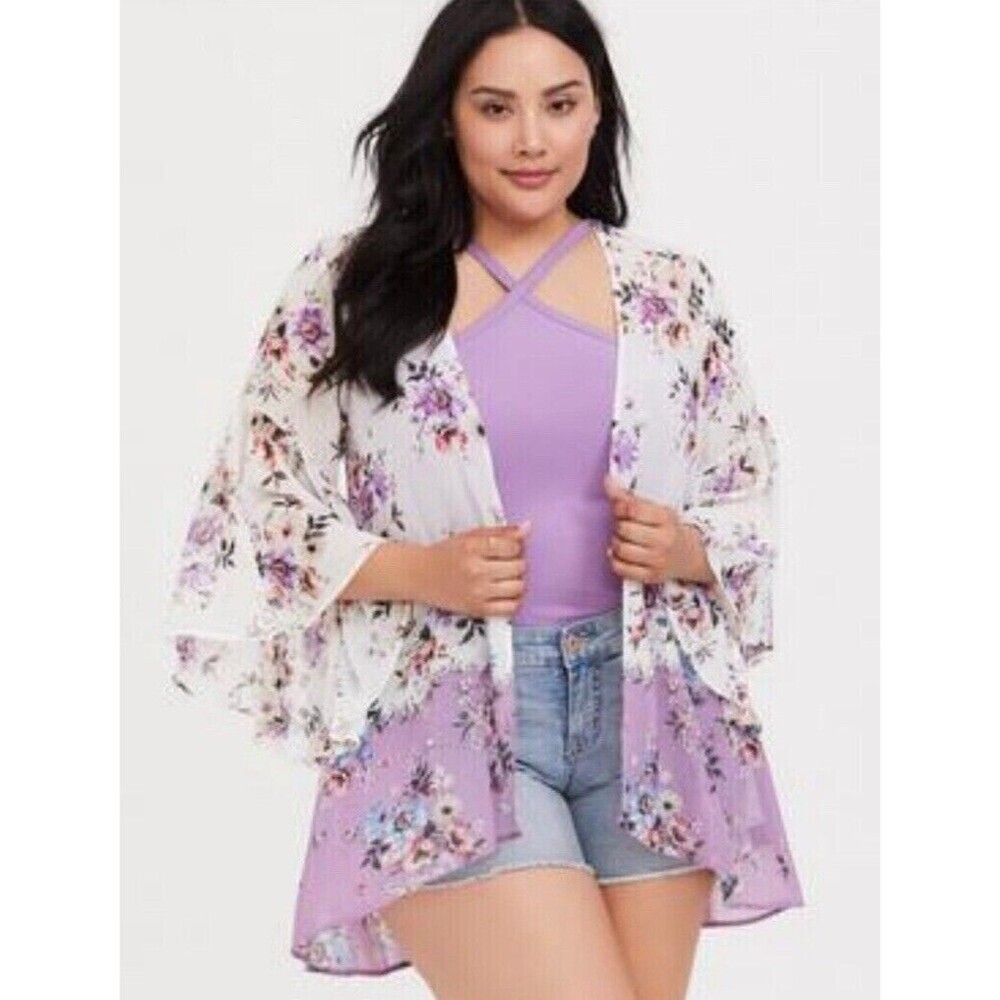 TORRID Floral Sheer Duster Flowy Kimono Open Front Bell Sleeves Cottage Flowy